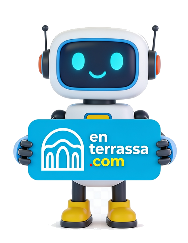 Robot de enterrassa.com con el cartel de la marca